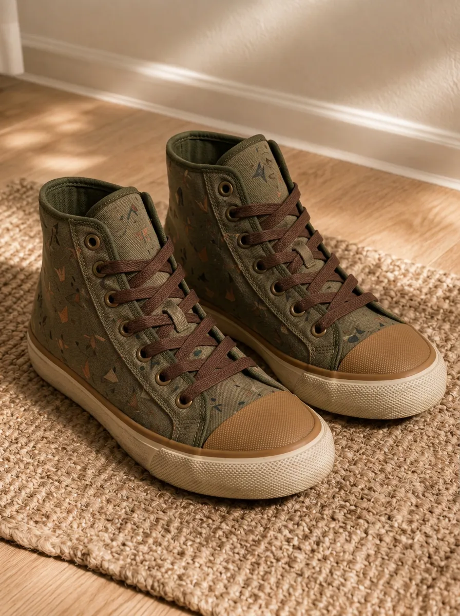 Men's Olive Green Geometric Pattern Printed Canvas Shoes