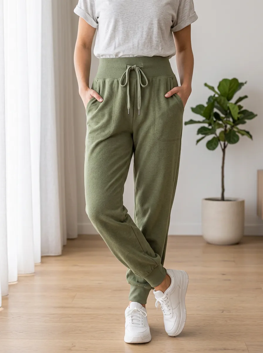 Women's Olive Green High-Waisted Drawstring Joggers