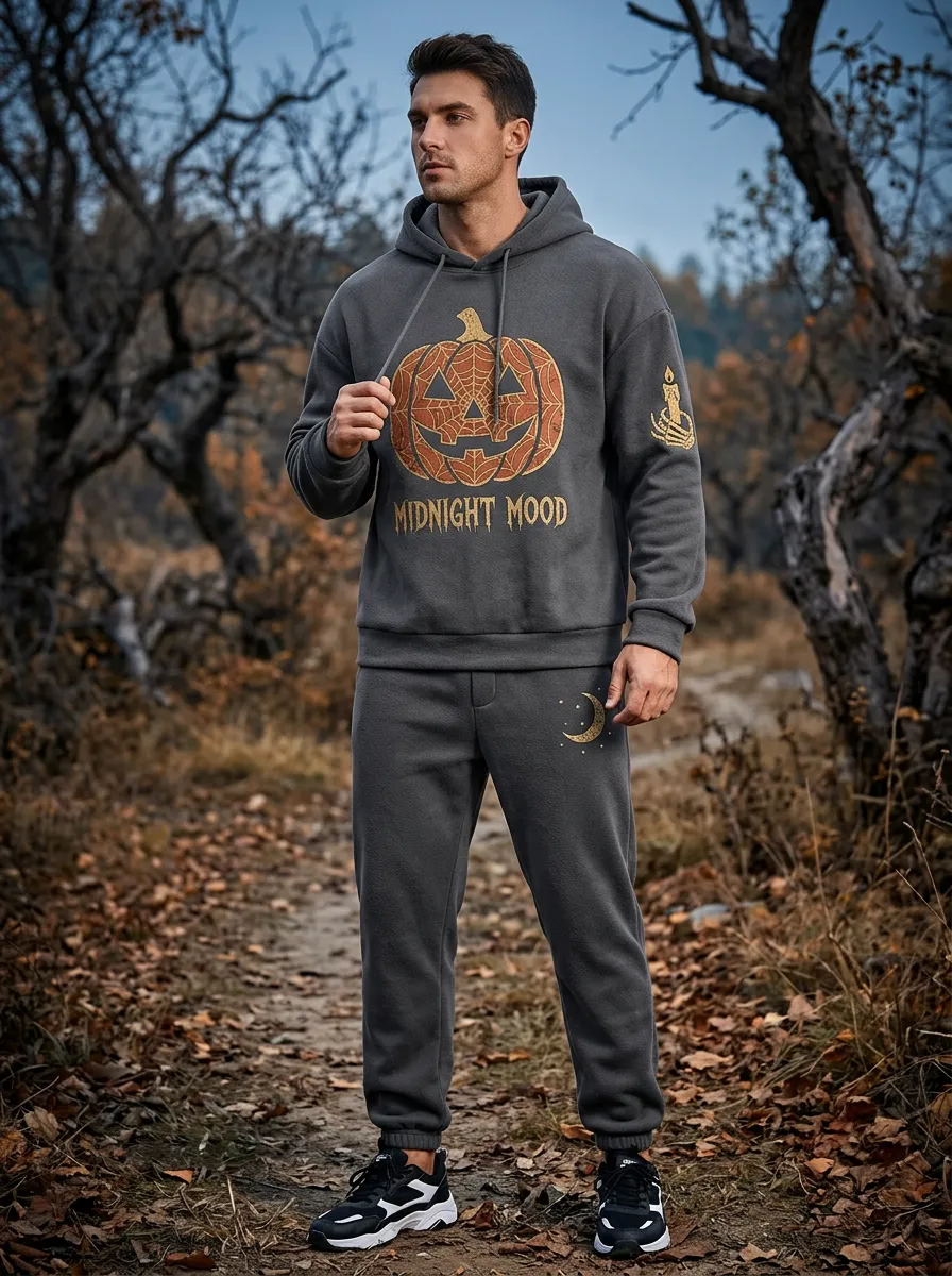 Men's Halloween Charcoal Midnight Mood Pumpkin Moon-Graphic Hoodie Jogger Set