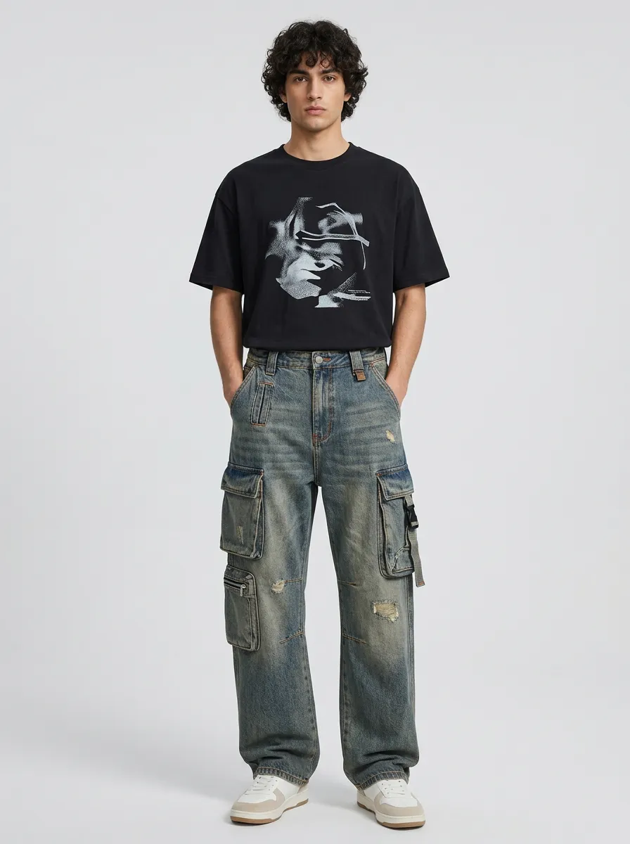 Men's Blue Distressed Multi-Pocket Cargo Strap Detail Zip Utility Pocket Cargo Pants