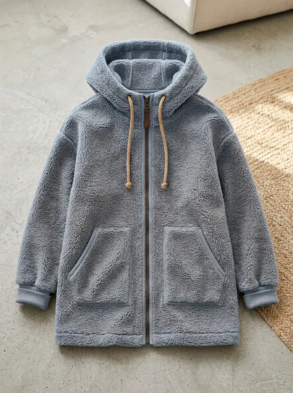 Textured Fleece Zip-Up Hooded Cardigan