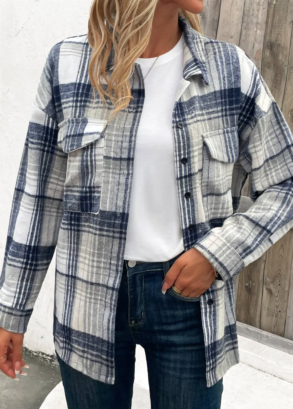 Blue Patchwork Plaid Turn Down Collar Coat