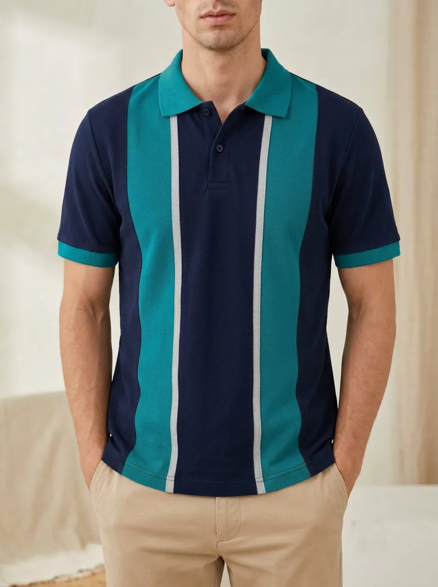 Men's Vintage Style Green Navy Vertical Striped Polo Shirt