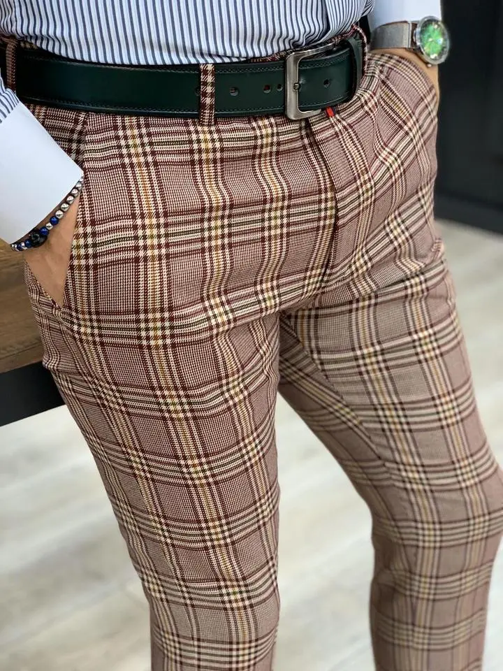 Textured Slim Fit Plaid Tailored Trousers