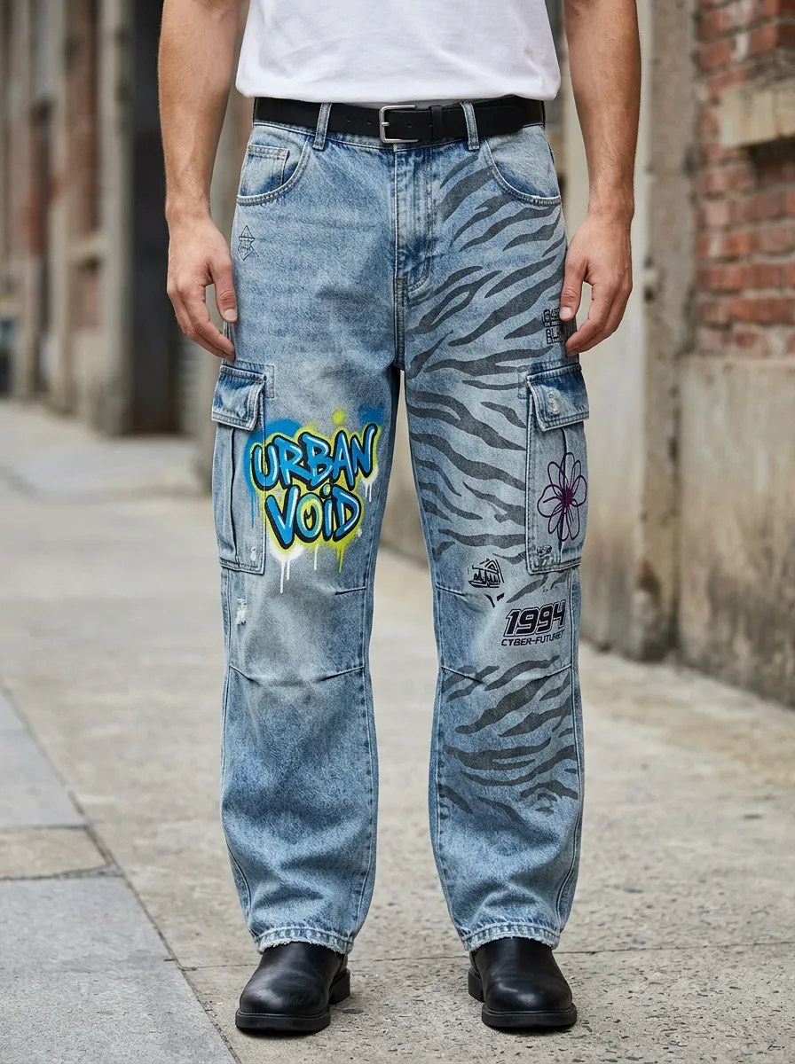Men's Streetwear Urban Void Graffiti Tiger Stripe Printed Cargo Jeans