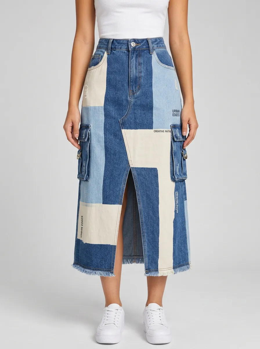 Women's Streetwear Patchwork Denim Cargo Midi Skirt