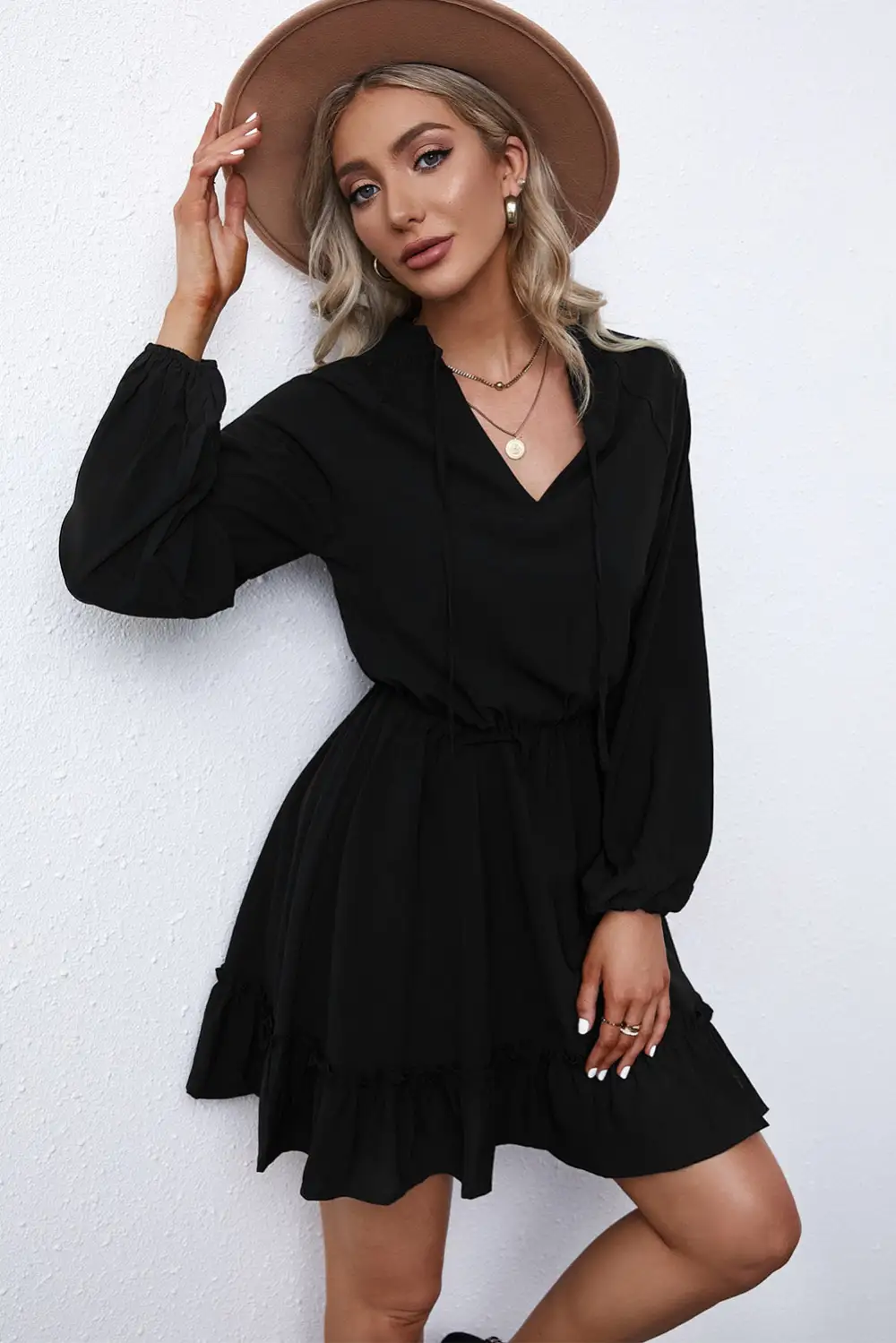 Bubble Sleeve Split Neck Ruffle Tunic Dress