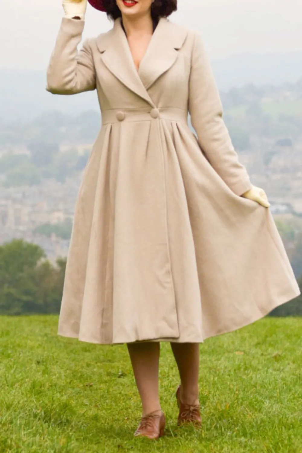 Polished Wool Blend Fit and Flare Double Breasted Lapel Collar Pleated Coat