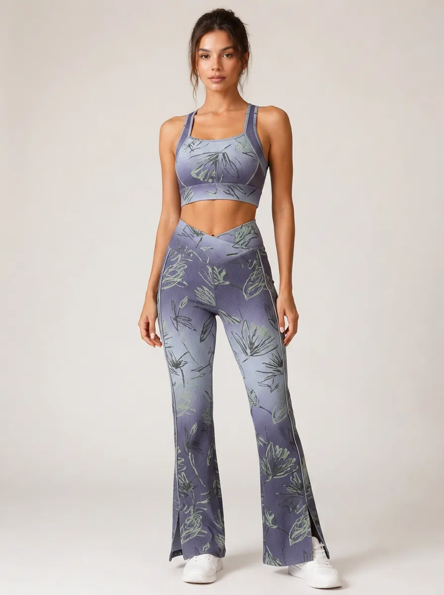 Women's Yoga Fitness Floral Botanical Printed Ribbed Workout Set