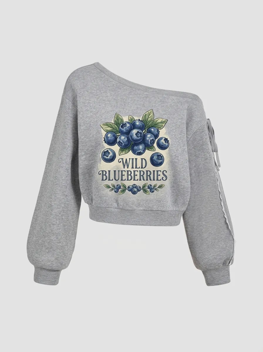 Women's Fruit Wild Blueberries Botanical Graphic Off-Shoulder Sweatshirt