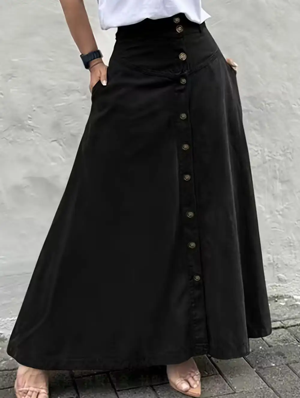 Button Front Slit A-Line Midi Skirt