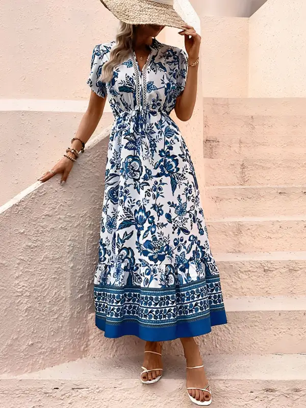 Floral Boho Short-Sleeve A-Line Maxi Dress