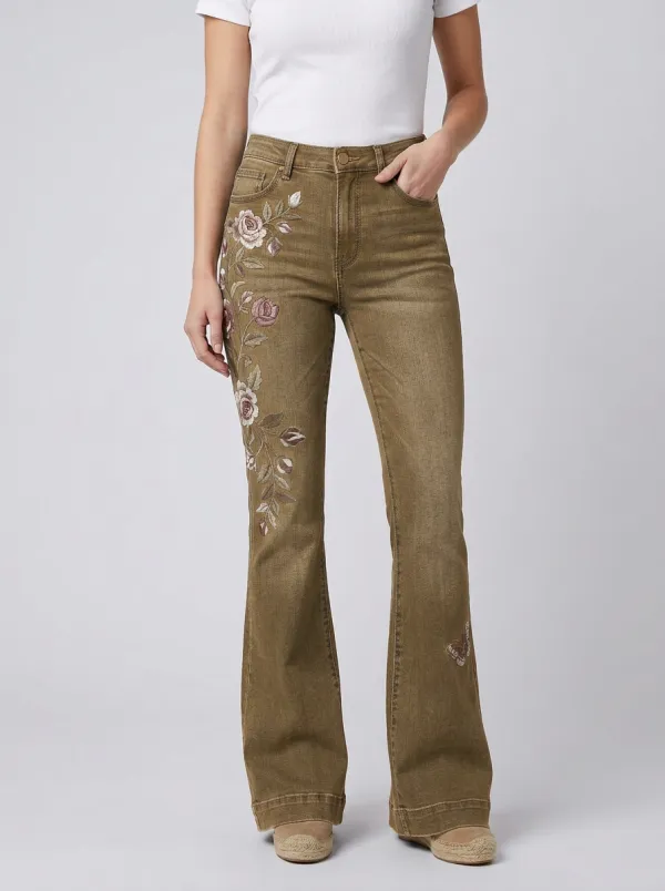 Women's Medium Wash Floral Butterfly High-Rise Flare Jeans