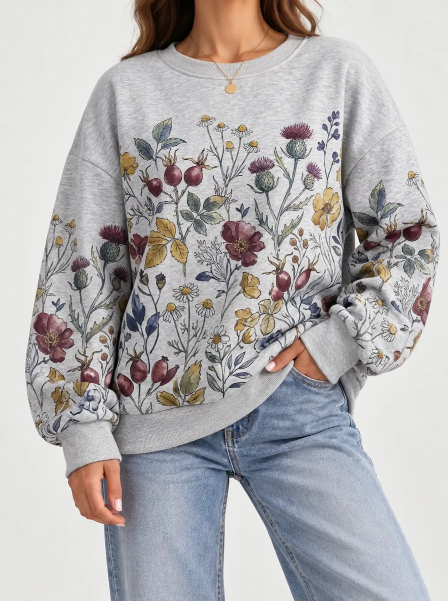 Women's Wildflower and Botanical Art Inspired Casual Pullover