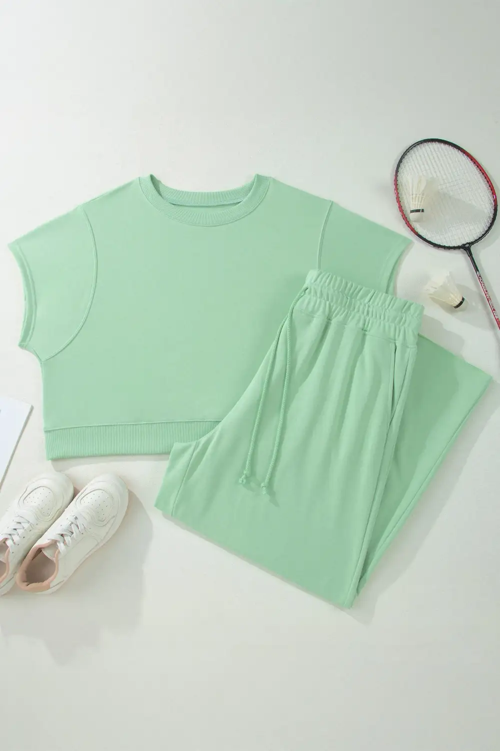 Women's Solid Color Ribbed Trim Short Sleeve Top Drawstring Loose Pants Two Piece Outfit