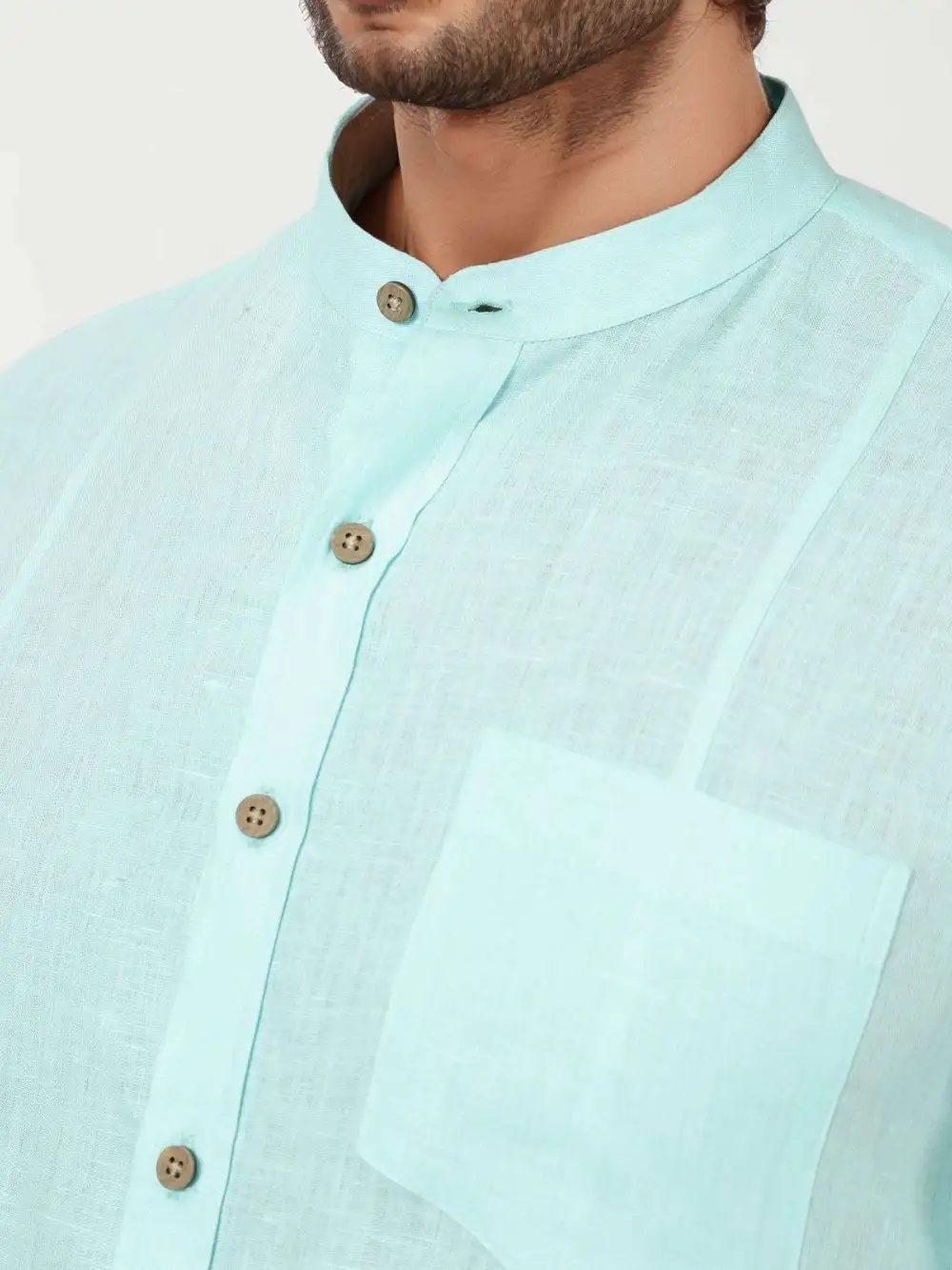 Cyan Blue Linen Mandarin Collar Shirt