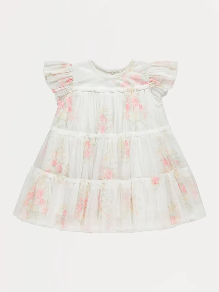 Neutral Floral Mesh Tiered Dress