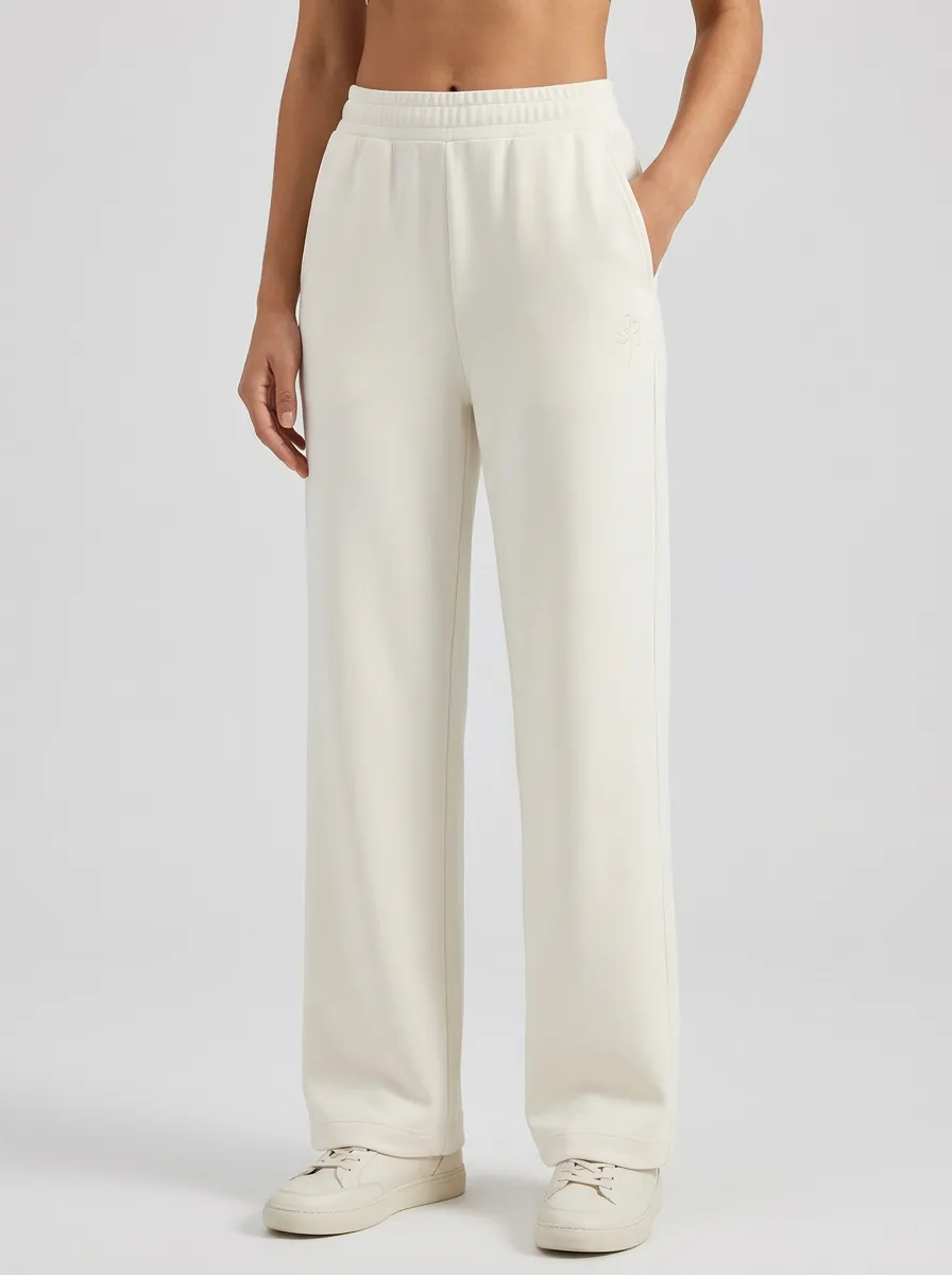 Women's Minimalist Solid Cream Small Flower Embroidered Sweatpants