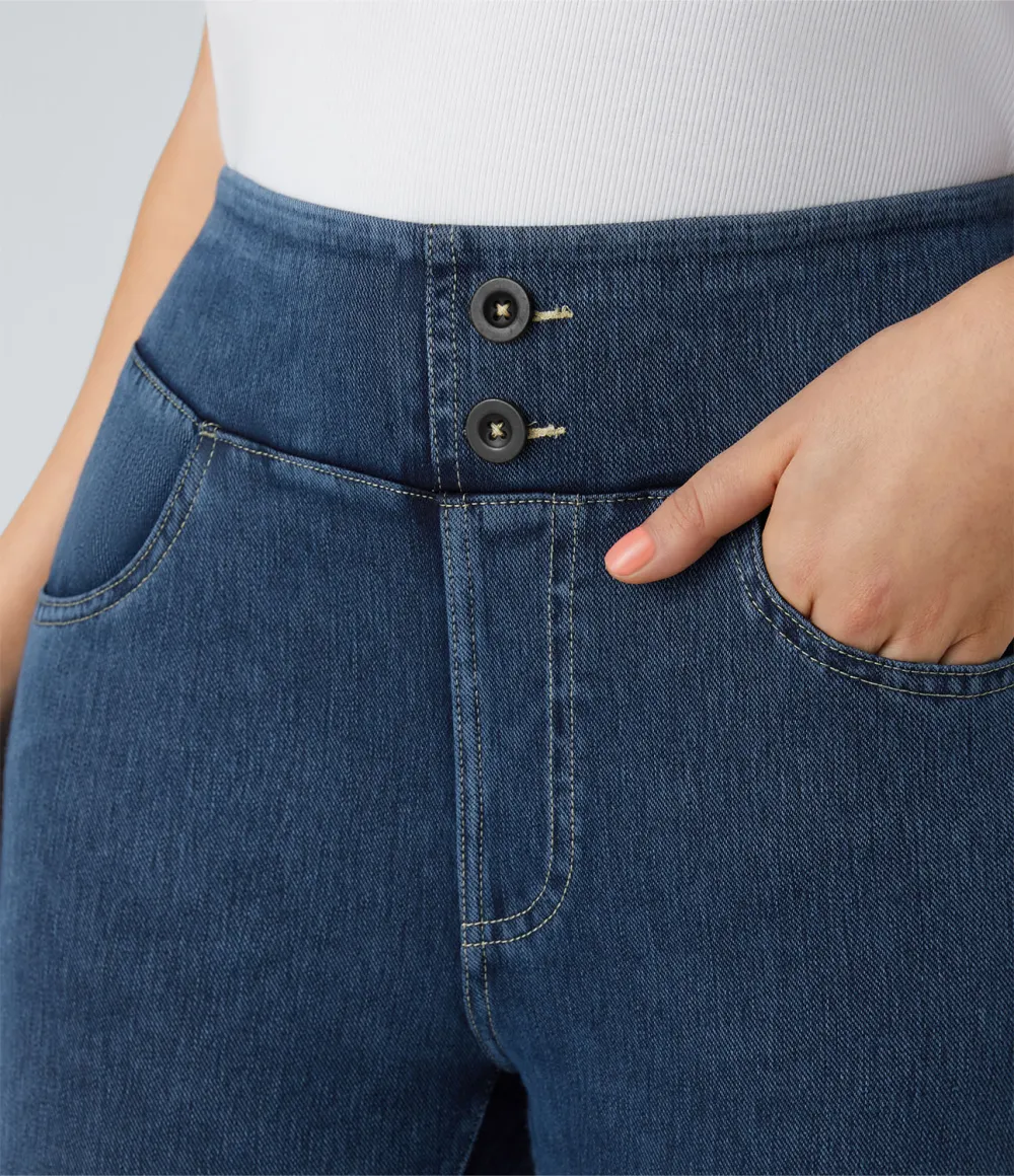 Magic Curvy High Waisted Decorative Button Multiple Pockets Stretchy Knit Denim Casual 7/8 Leggings