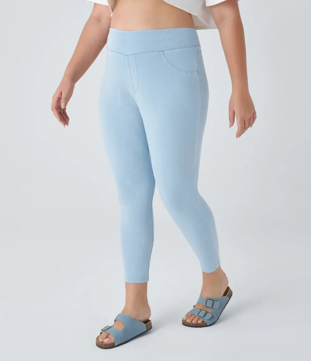 Magic High Waisted Back Side Pocket Stretchy Knit Denim Plus Size Casual Leggings