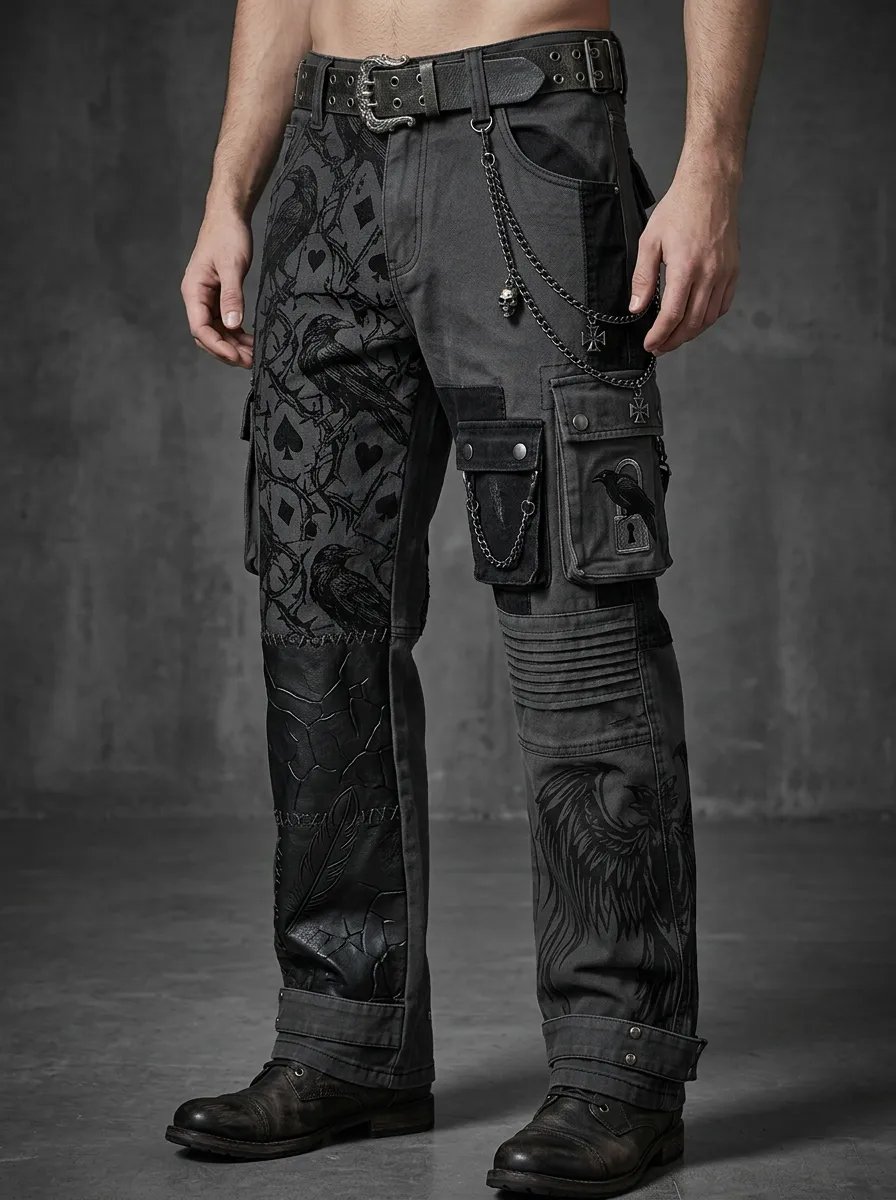 Shadow Raven Playing Card Punk Look Men's Gothic Cargo Pants