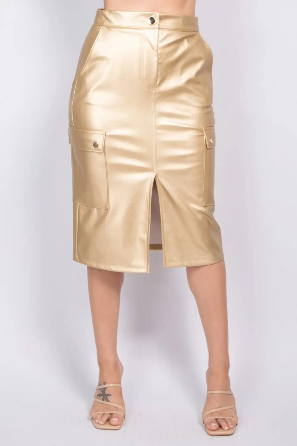 Button Front Faux Leather Skirt