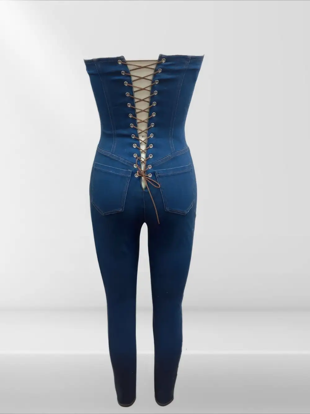 Strapless Denim Jumpsuit Lace Up Back Pants