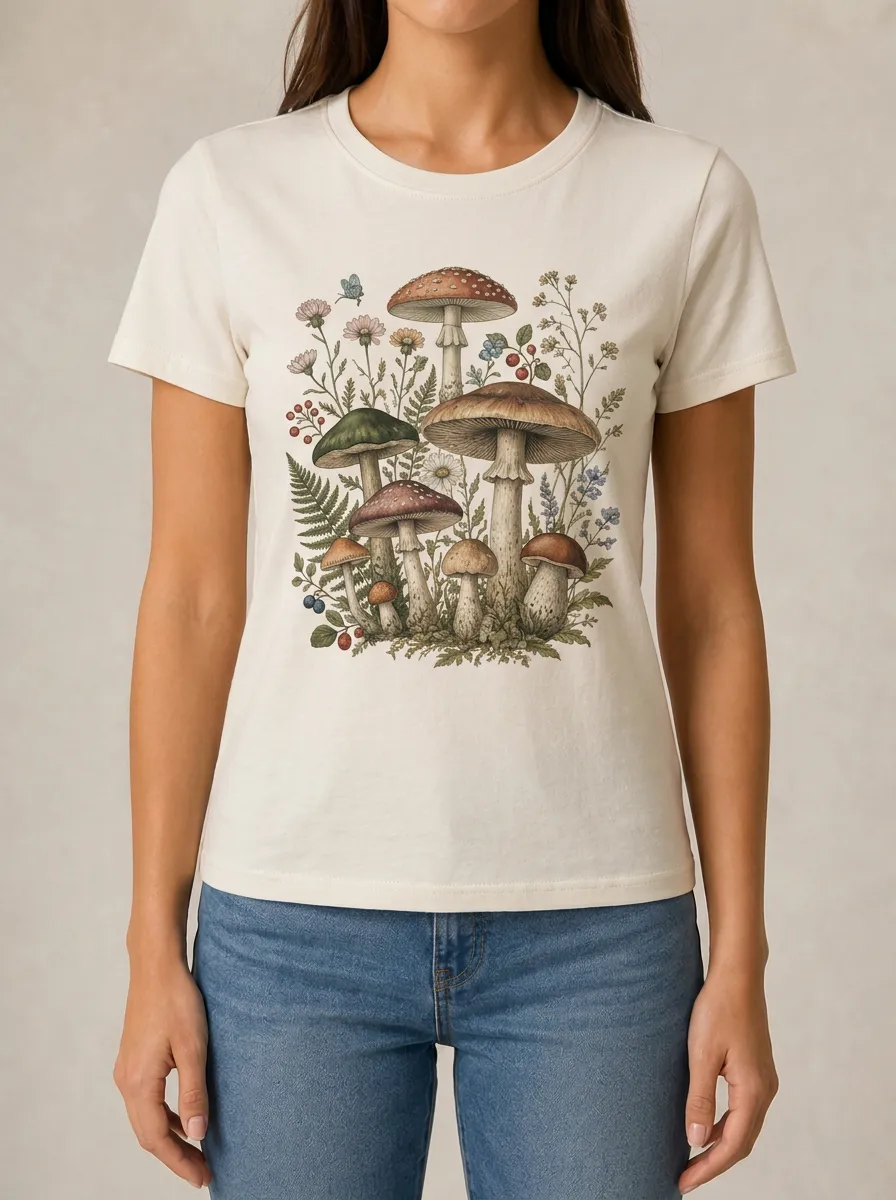 Women's Botanical Mushroom Forest Printed T-shirt