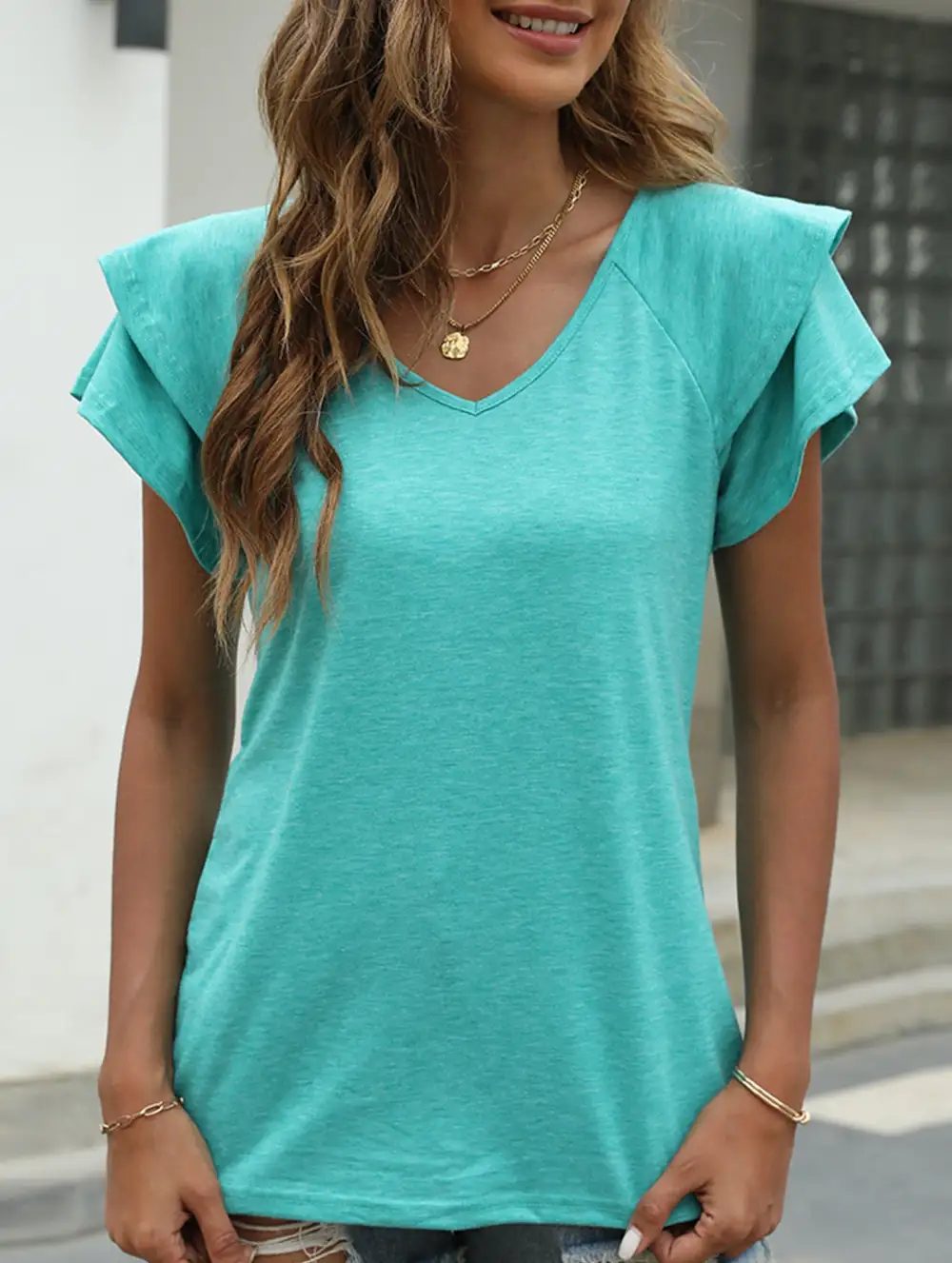 V Neck Double Layer Ruffle Sleeve Tank Top