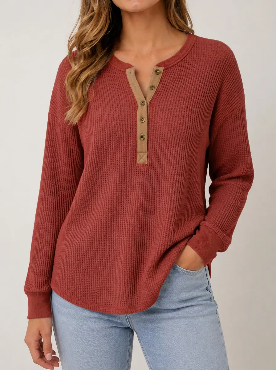Relaxed Everyday Casual Rust Waffle Knit Button Henley Top