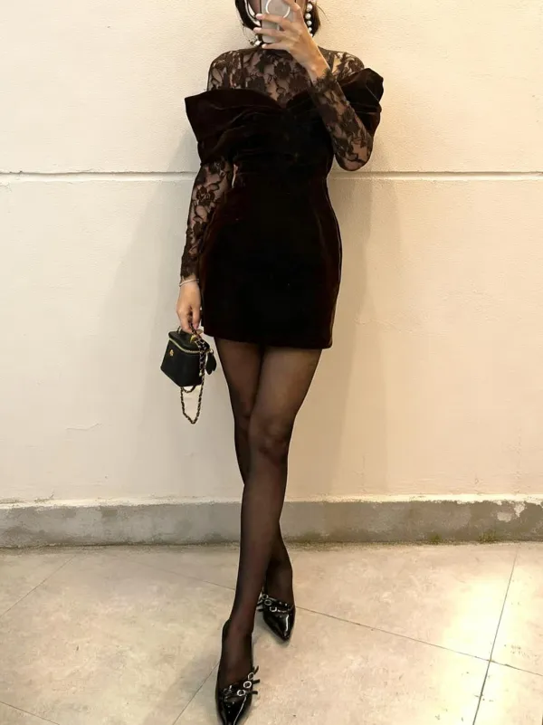 Lace Panel Velvet Long Sleeve Mini Dress