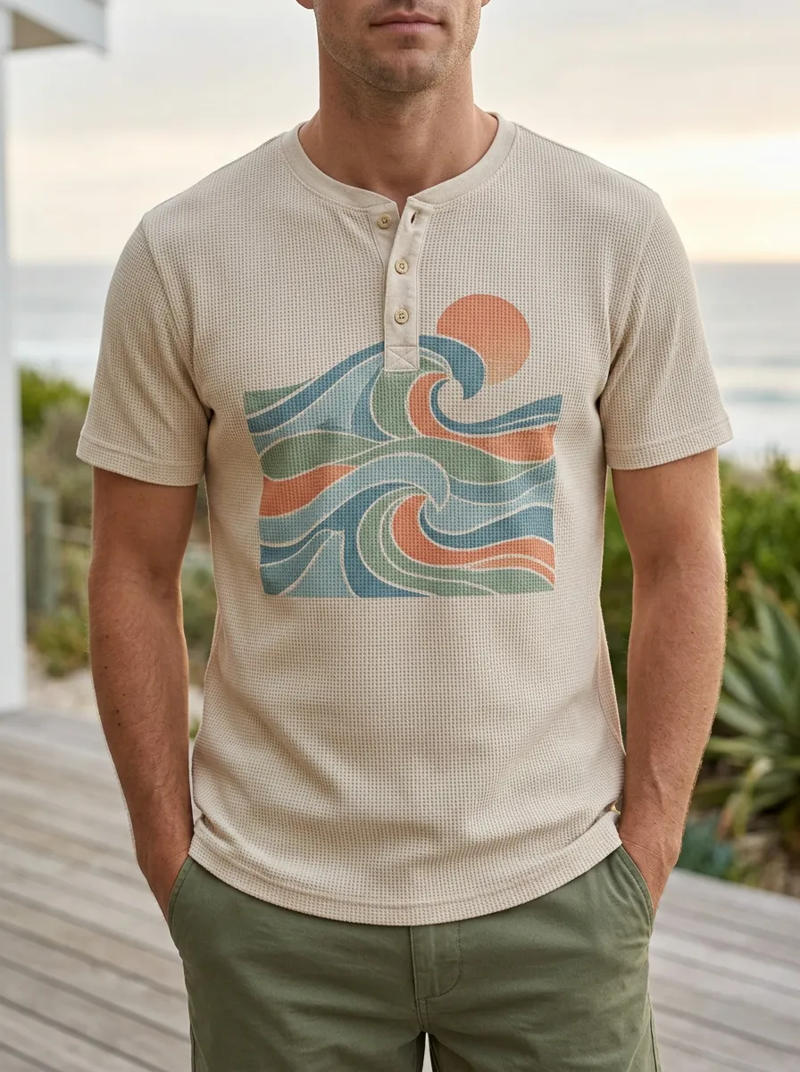 Men's Beach Lover Retro Ocean Wave Printed Henley T-shirt