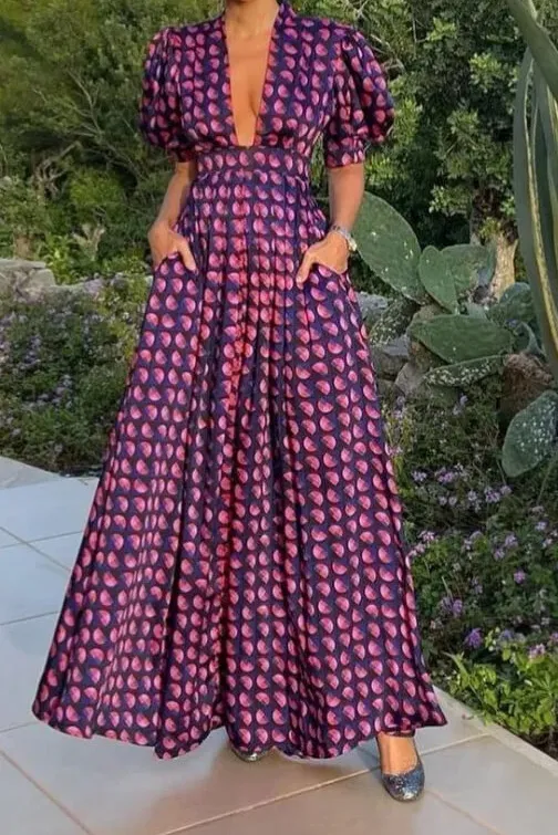 Retro Floral Print Puff Maxi Dress