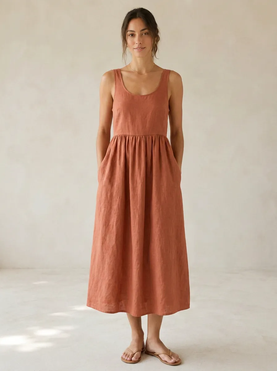 Women's Classic Casual Tie-Back Linen Backless Dress
