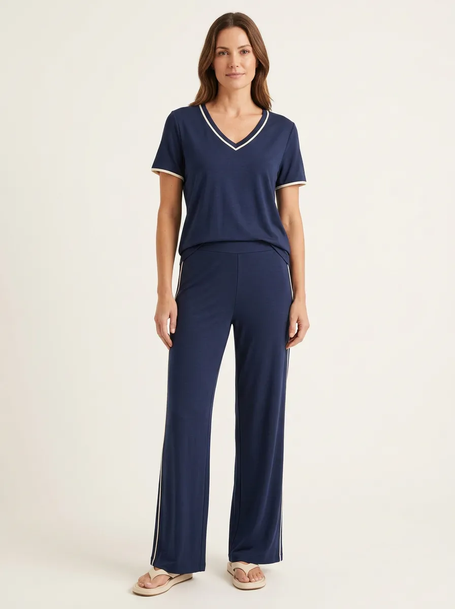 Women's Regular-Fit V-Neck T-Shirt and Wide-Leg Pants Set