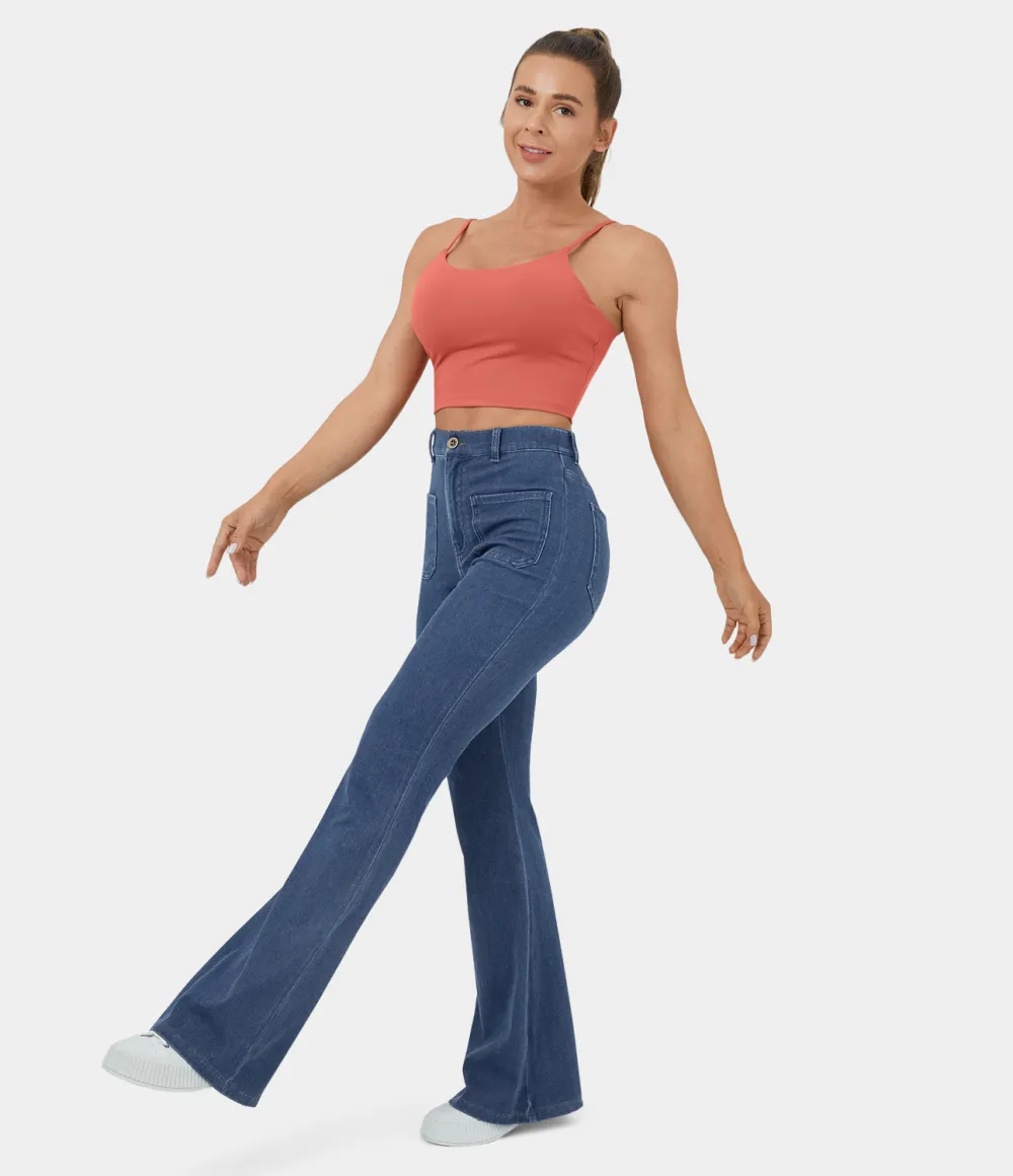 Magic High Waisted Button Pockets Stretchy Knit Casual Flare Jeans