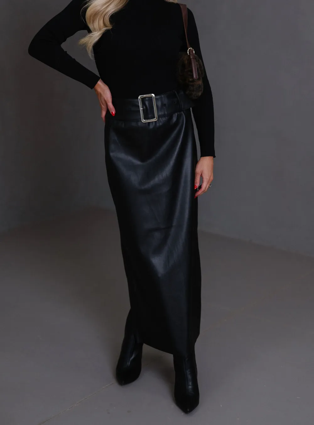 Faux Leather Back Slit High Rise Skirt