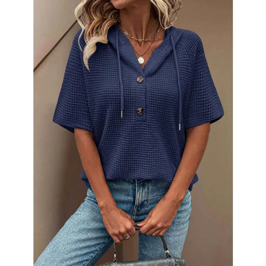 Waffle Knit Hooded Short Sleeve Blouse