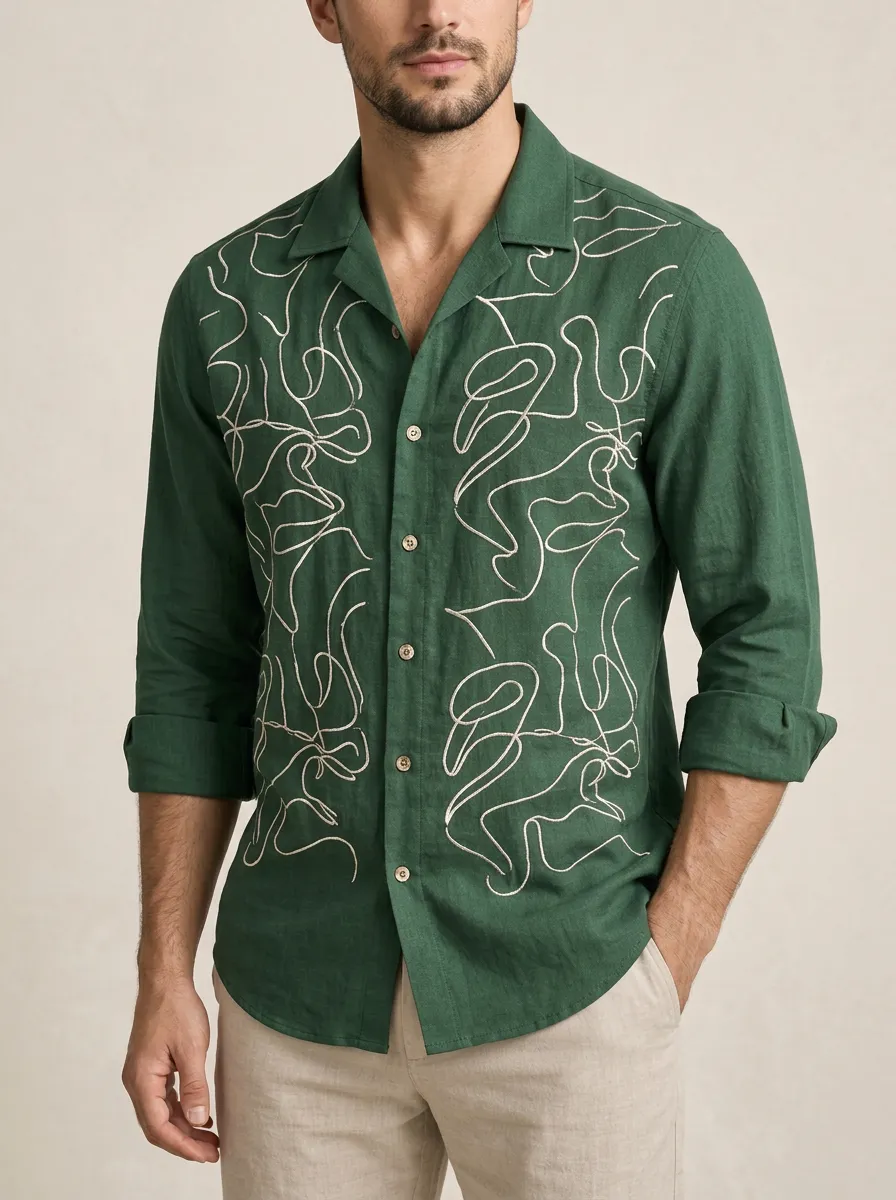 Men's Line Art Abstract Embroidered Linen Shirt