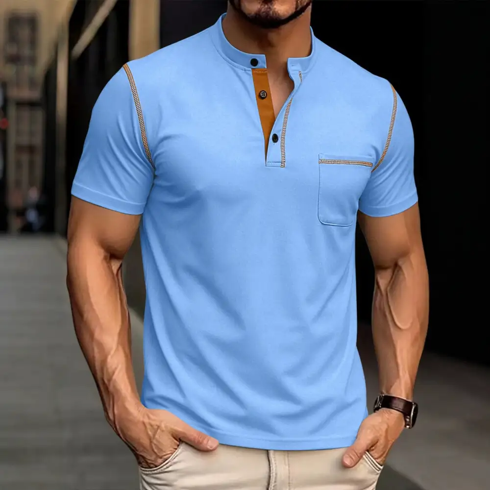 Button Placket Stand Collar Chest Pocket Cotton Polo Shirt