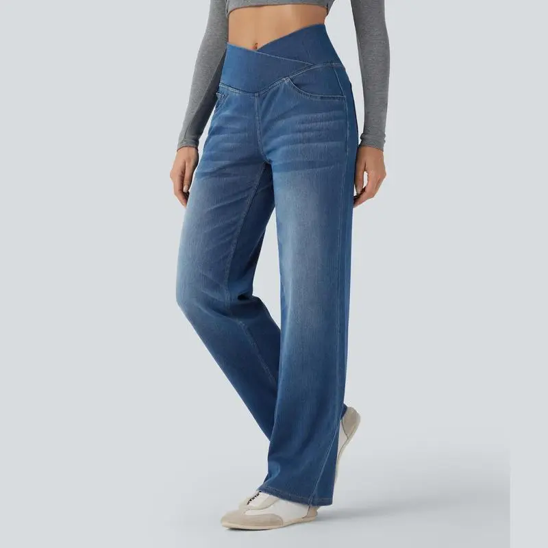 2026🔥  High Waisted Multiple Pockets Baggy Wide Leg Washed Stretchy Knit Casual Jeans