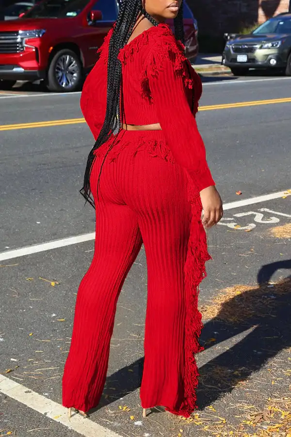 Solid Color Tassel Round Neck Pant Set