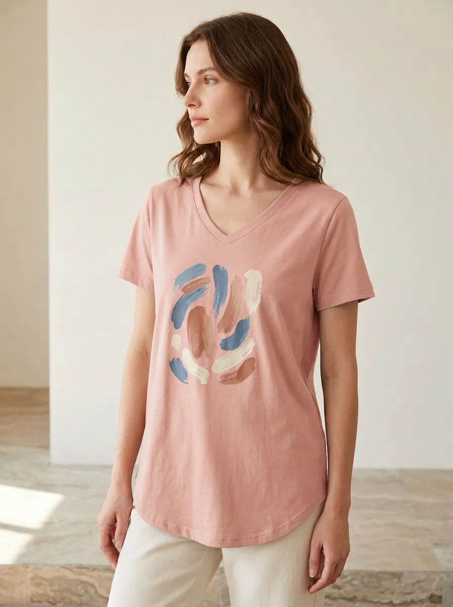 Women's Abstract Art Lover Brushstroke Printed V-Neck T-Shirt Everyday Design