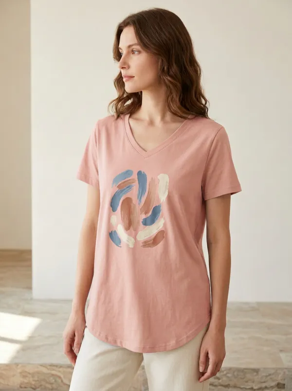 Women's Abstract Art Lover Brushstroke Printed V-Neck T-Shirt Everyday Design