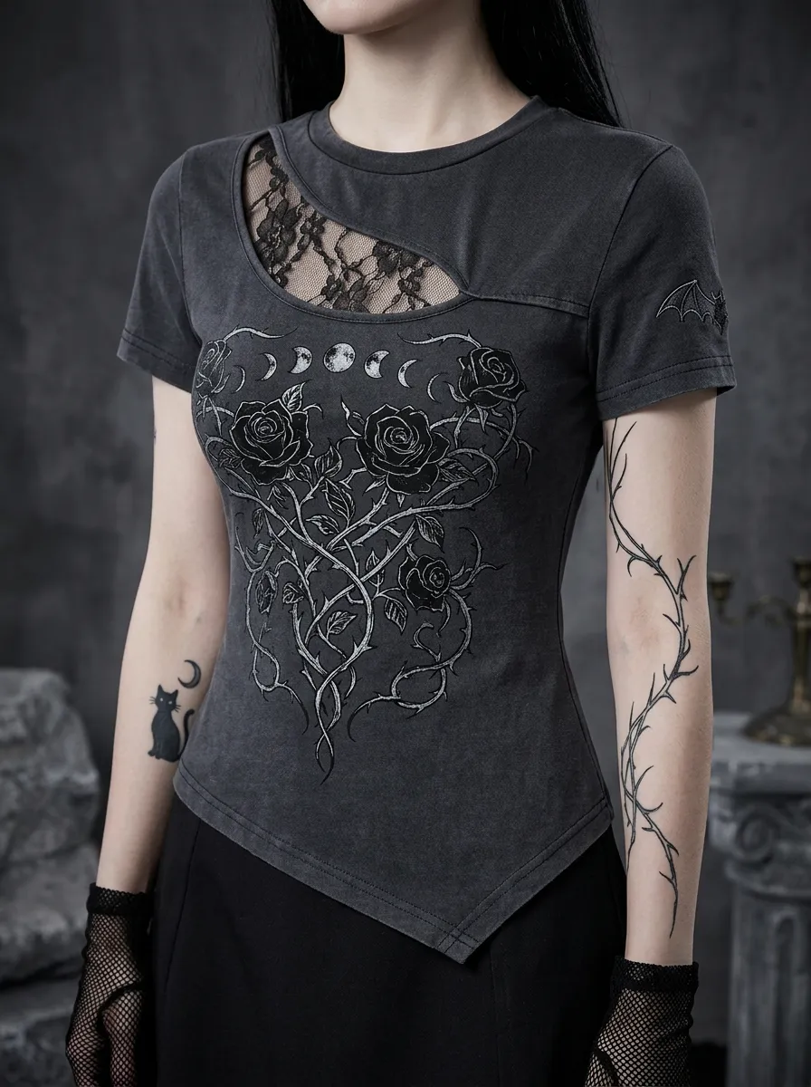 Underground Rose Moon Thorn Night Look Women's Gothic T-Shirt