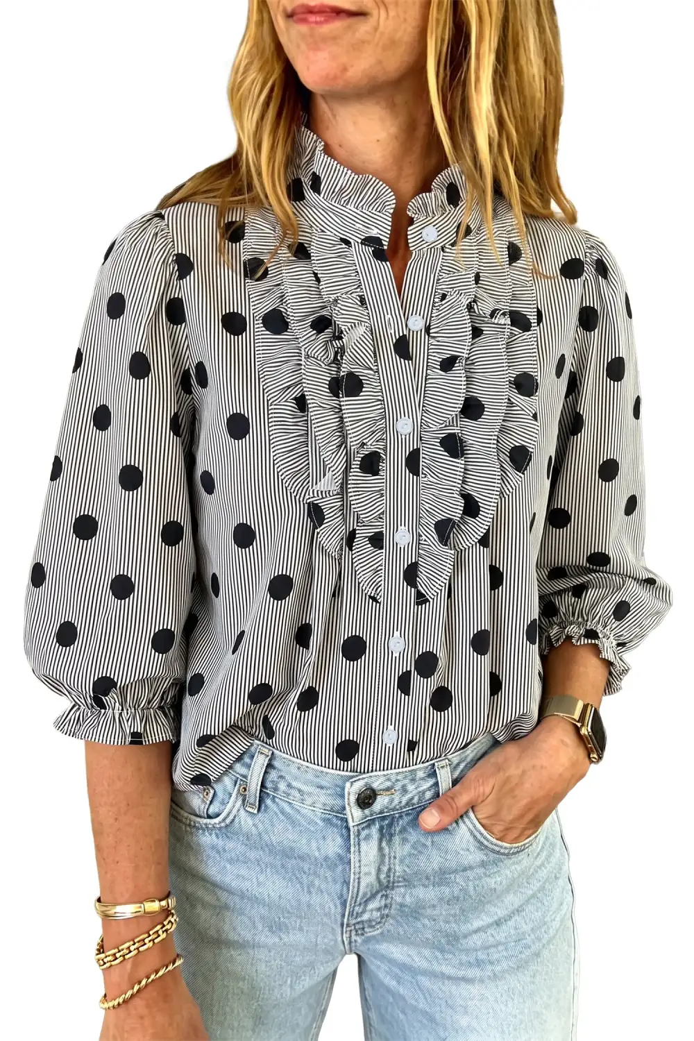 Women's Striped Polka Dot Three Quarter Sleeve Blouse