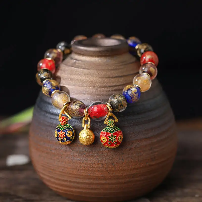 Swallowing Beast Family Charm Foil Liuli Glass Bracelet