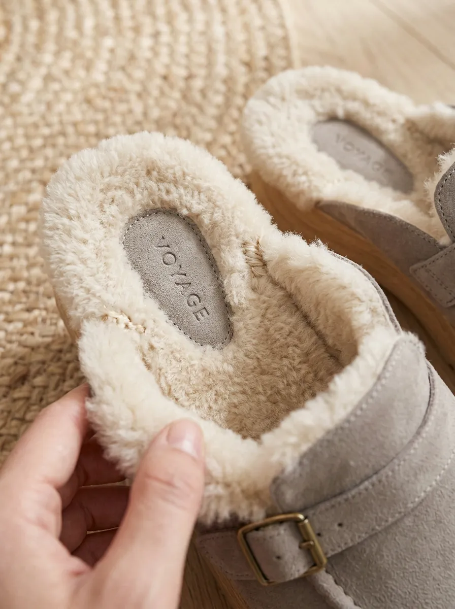 Women's Faux Fur Lined Buckle Detail Clog Style Casual Suede Wood Sole Loafers