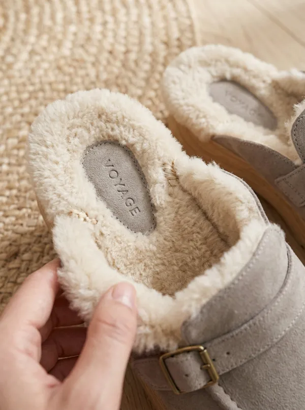 Women's Faux Fur Lined Buckle Detail Clog Style Casual Suede Wood Sole Loafers