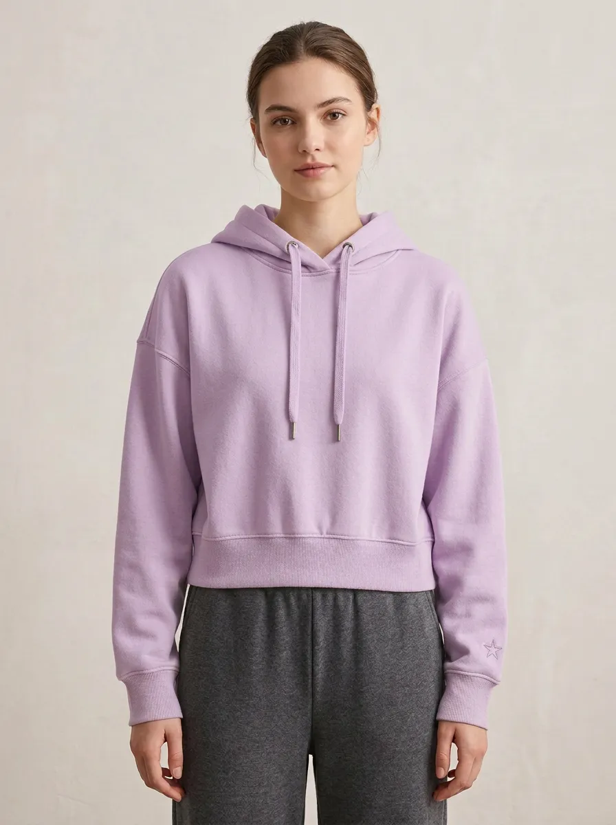 Women's Minimalist Beige Star Embroidered Cropped Hoodie